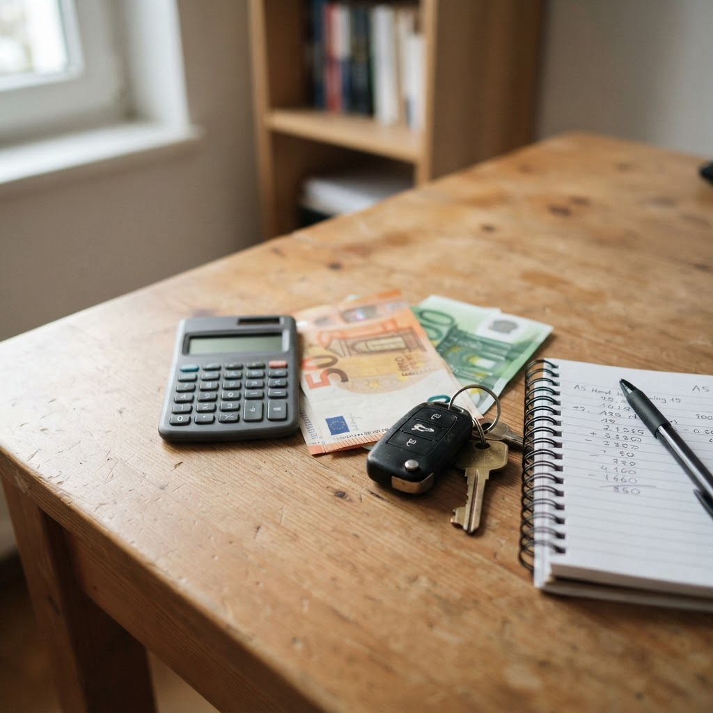 Calculatrice, clés de voiture et billets pour estimer le budget d'un import auto